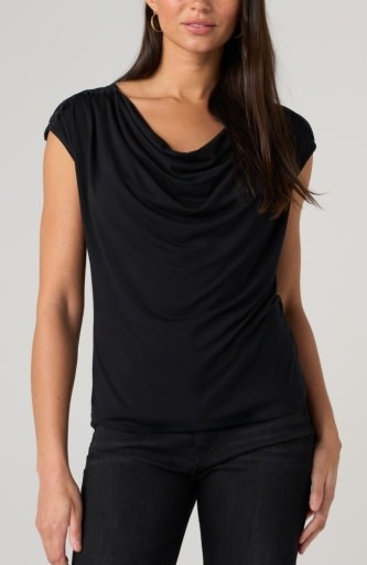 Liverpool Los Angeles draped neck sleeveless knit top w/ lace