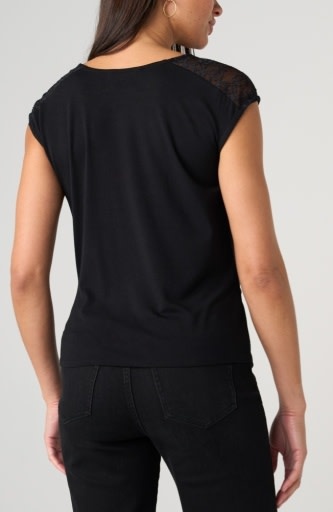Liverpool Los Angeles draped neck sleeveless knit top w/ lace
