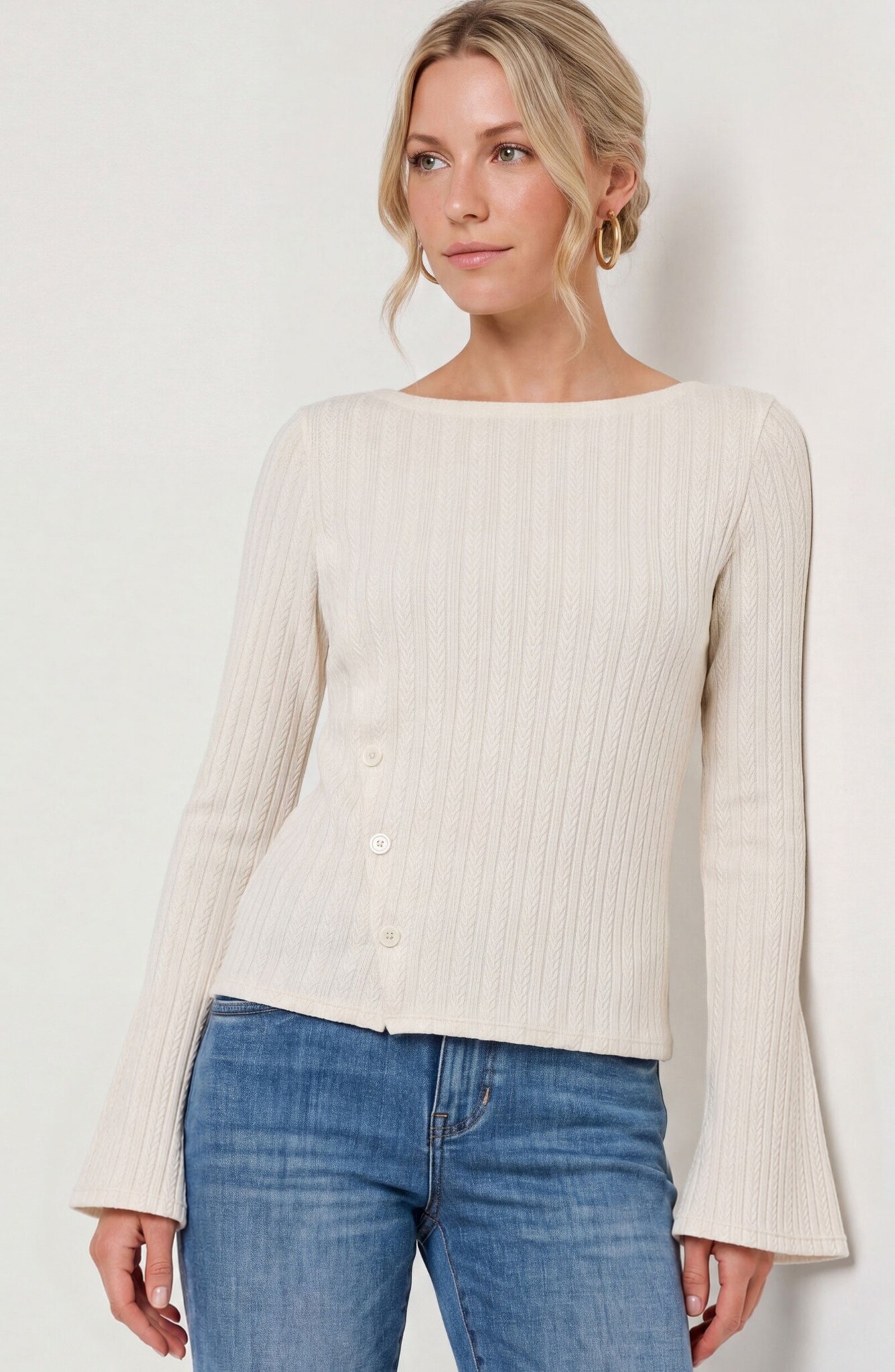 Liverpool Los Angeles long sleeve boat neck knit top w asymmetrical button placket