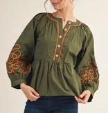 Jodifl Olive Long Puff Sleeves Front Button up Peplum Top