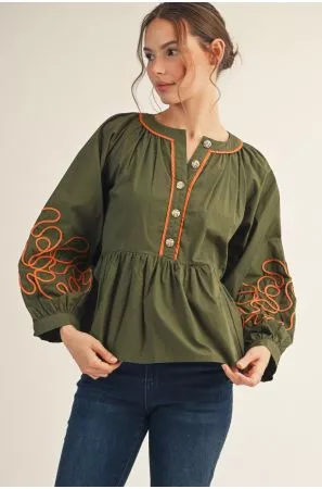 Jodifl Olive Long Puff Sleeves Front Button up Peplum Top