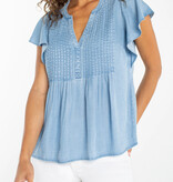 Liverpool Los Angeles flutter sleeve popover woven blouse w/ pintucks