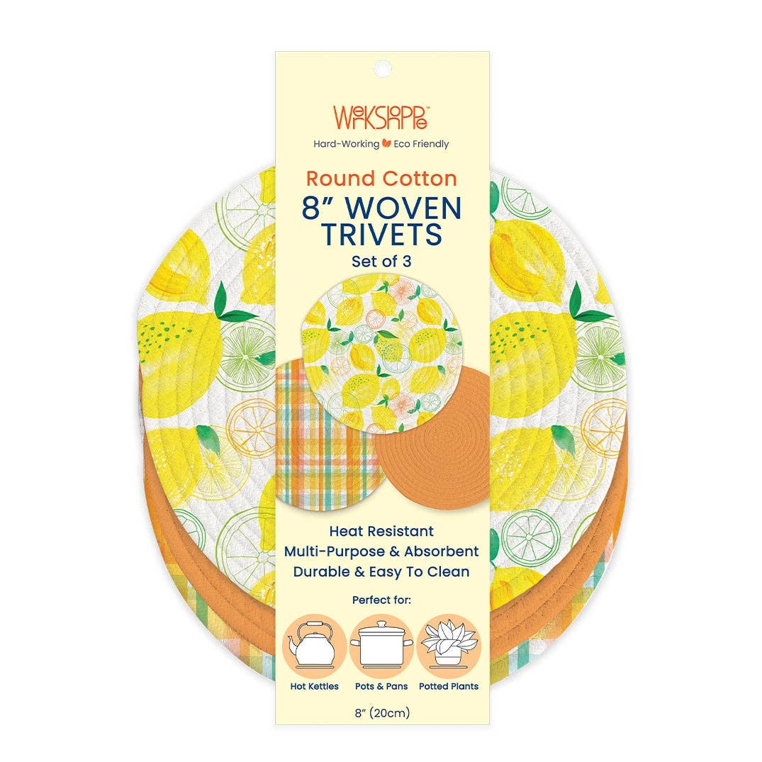 Lemon Plaid Cotton Kitchen Trivets, Set of 3