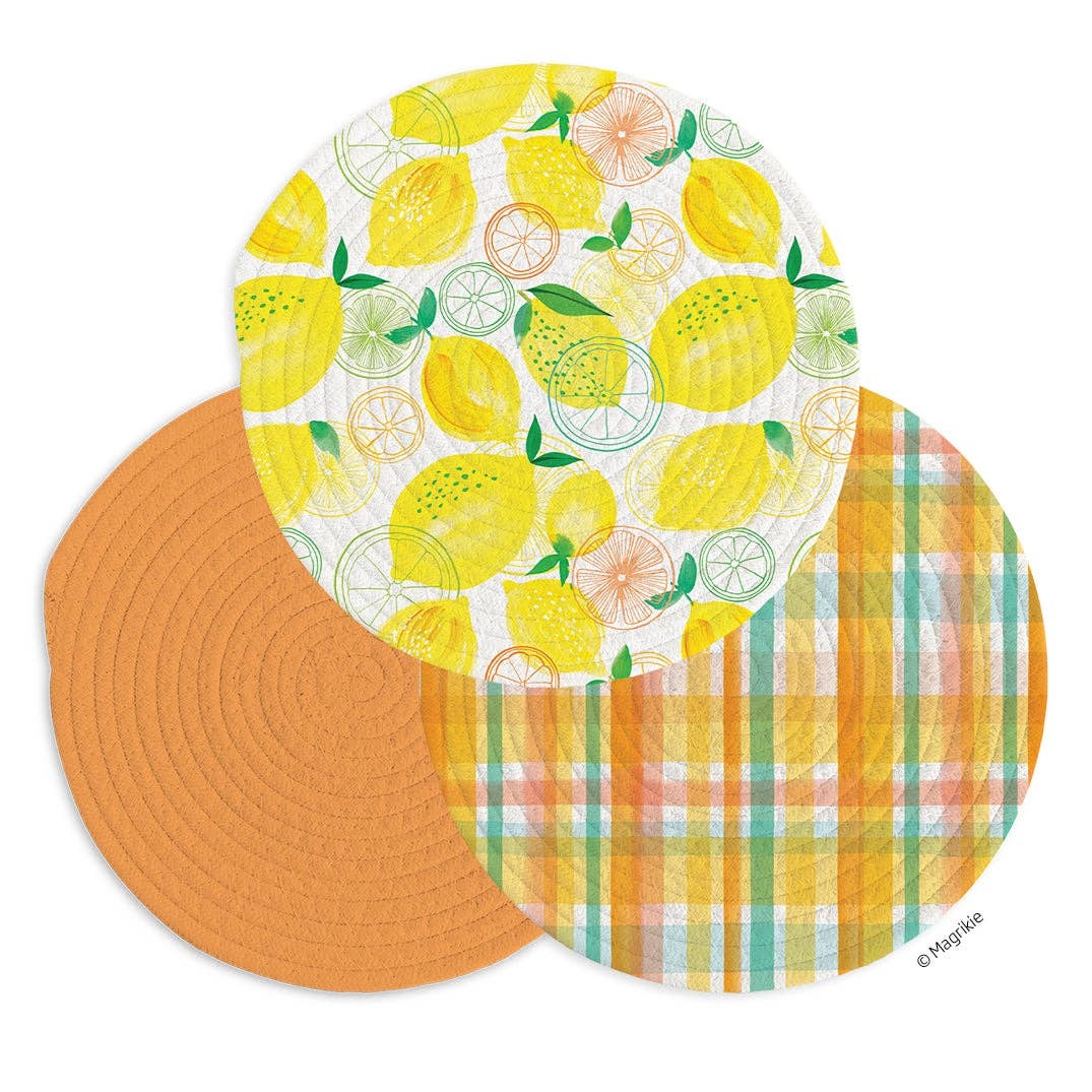 Lemon Plaid Cotton Kitchen Trivets, Set of 3