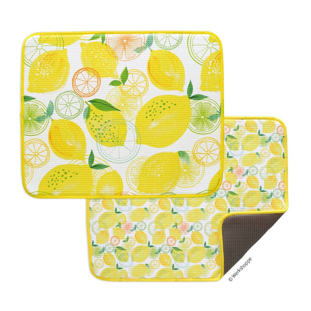 Lemon Plaid Microfiber Dish Drying Mats, Machine Washable