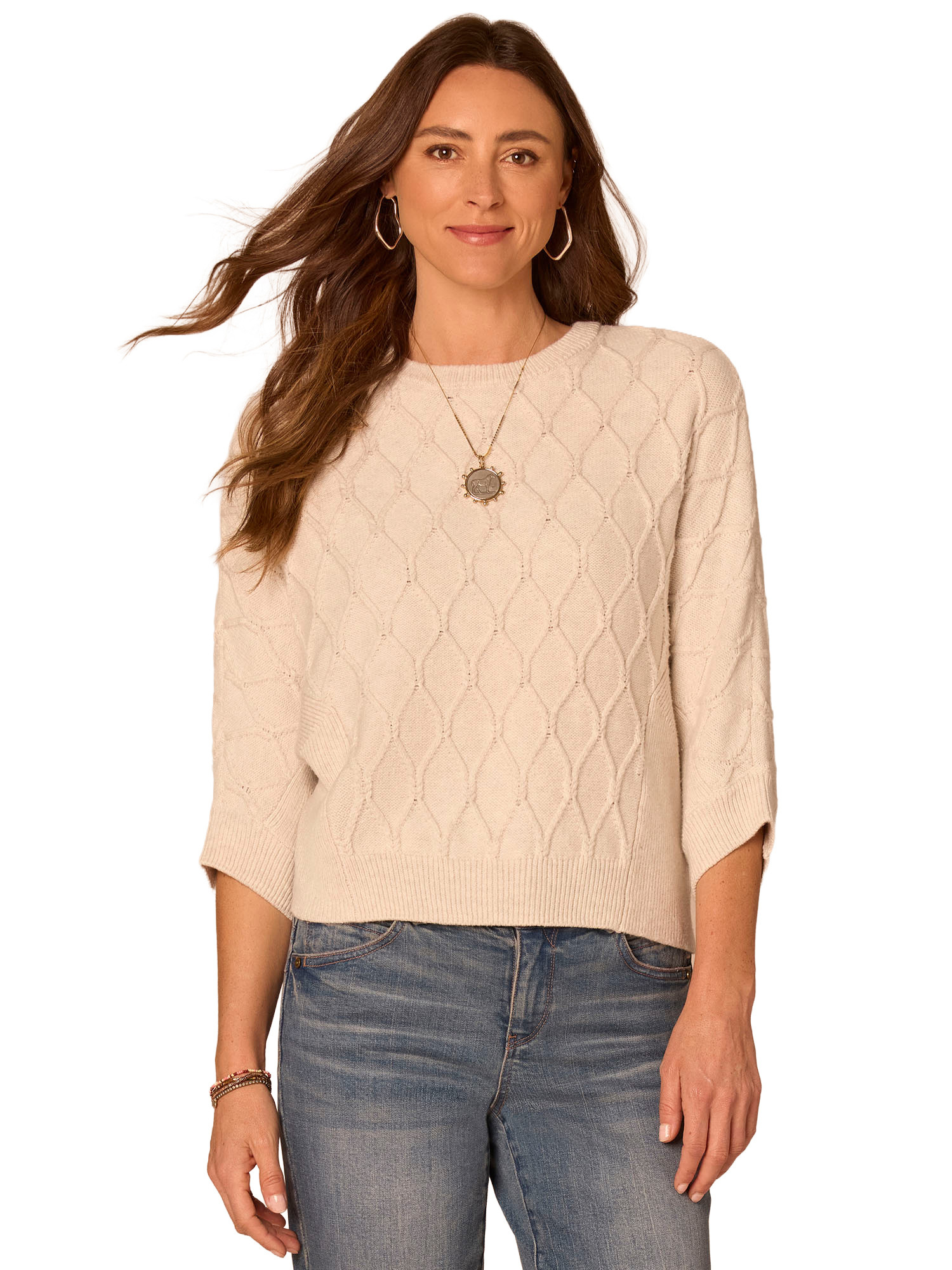 Democracy Cream Dolman Sleeve Grid Stitch Sweater