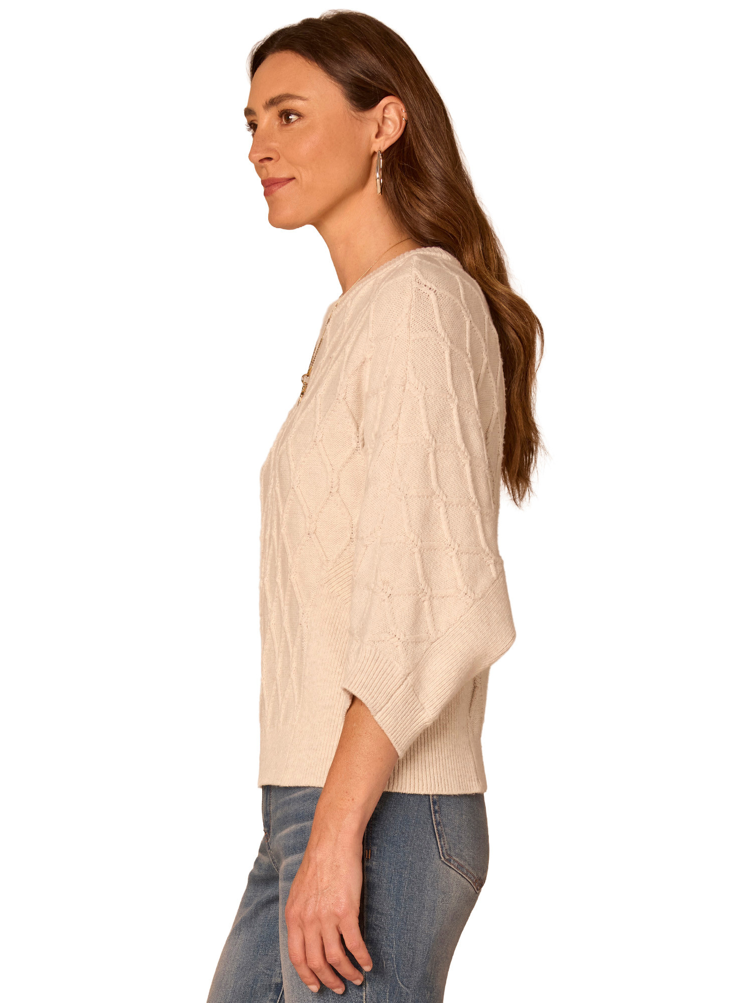 Democracy Cream Dolman Sleeve Grid Stitch Sweater