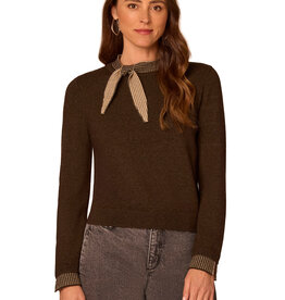 Democracy Heather Dark Brown/Oatmeal Self-Tie Contrast Detail Pullover Sweater