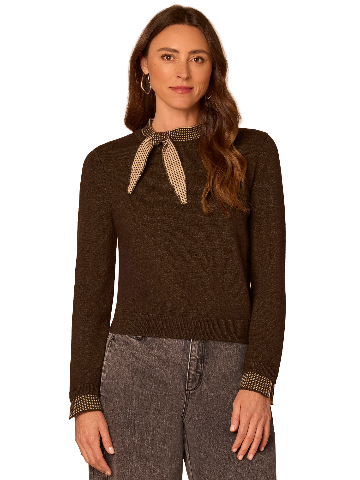 Democracy Heather Dark Brown/Oatmeal Self-Tie Contrast Detail Pullover Sweater