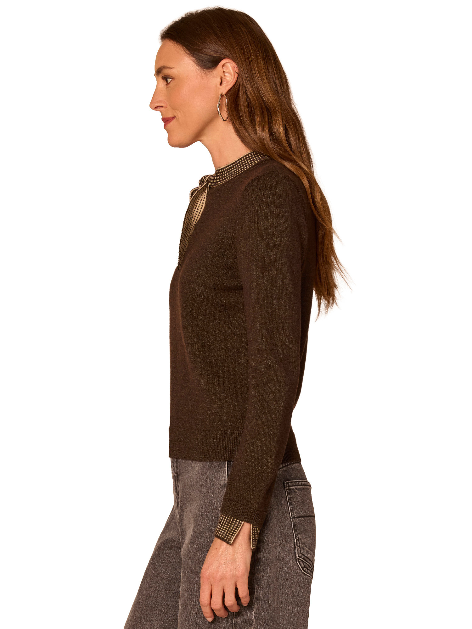 Democracy Heather Dark Brown/Oatmeal Self-Tie Contrast Detail Pullover Sweater