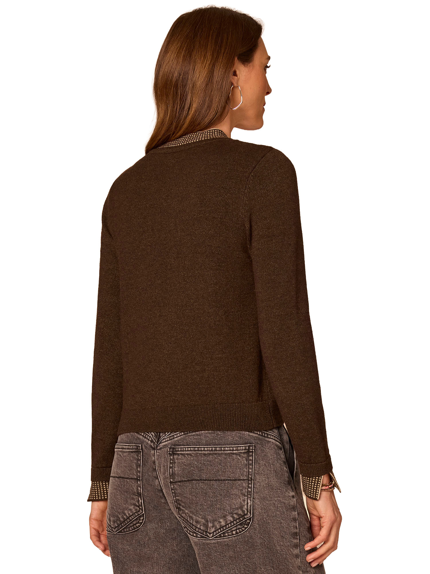 Democracy Heather Dark Brown/Oatmeal Self-Tie Contrast Detail Pullover Sweater