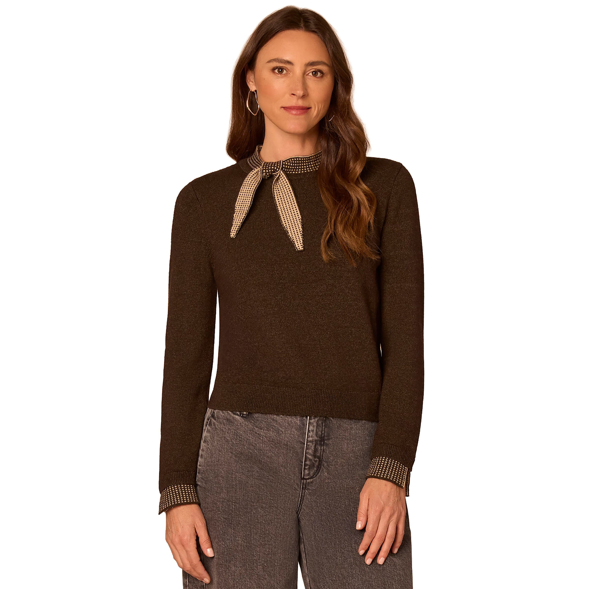 Democracy Heather Dark Brown/Oatmeal Self-Tie Contrast Detail Pullover Sweater