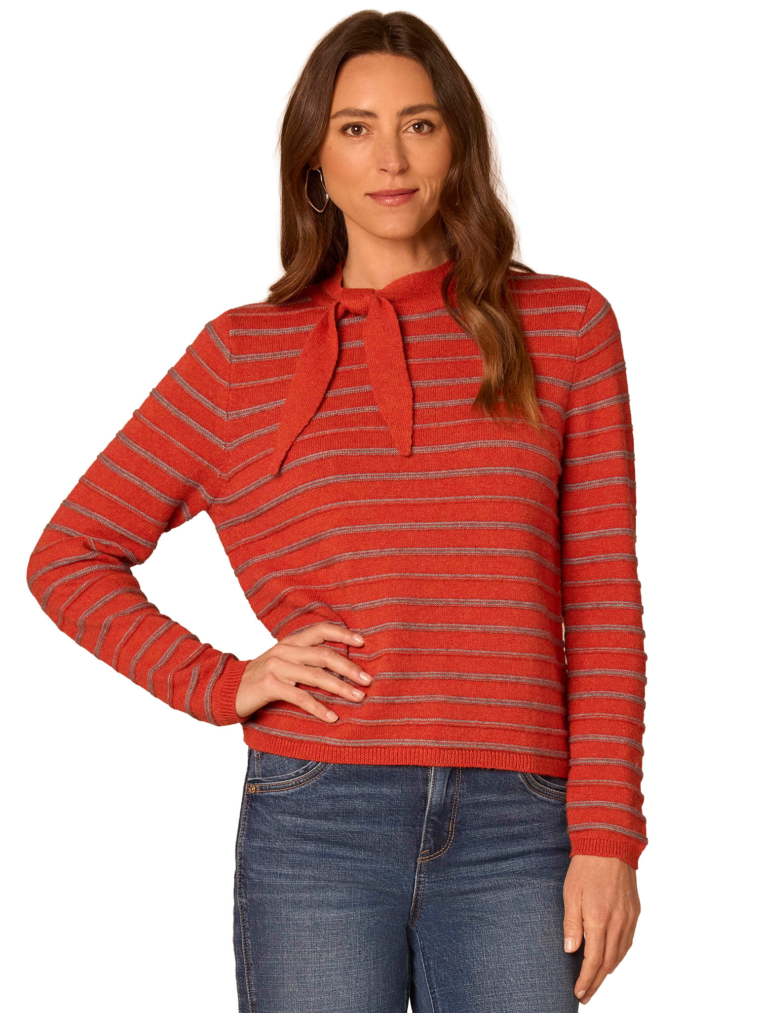 Democracy Pumpkin Spice/Heather Grey Striped Self-Tie Round Neck Sweater