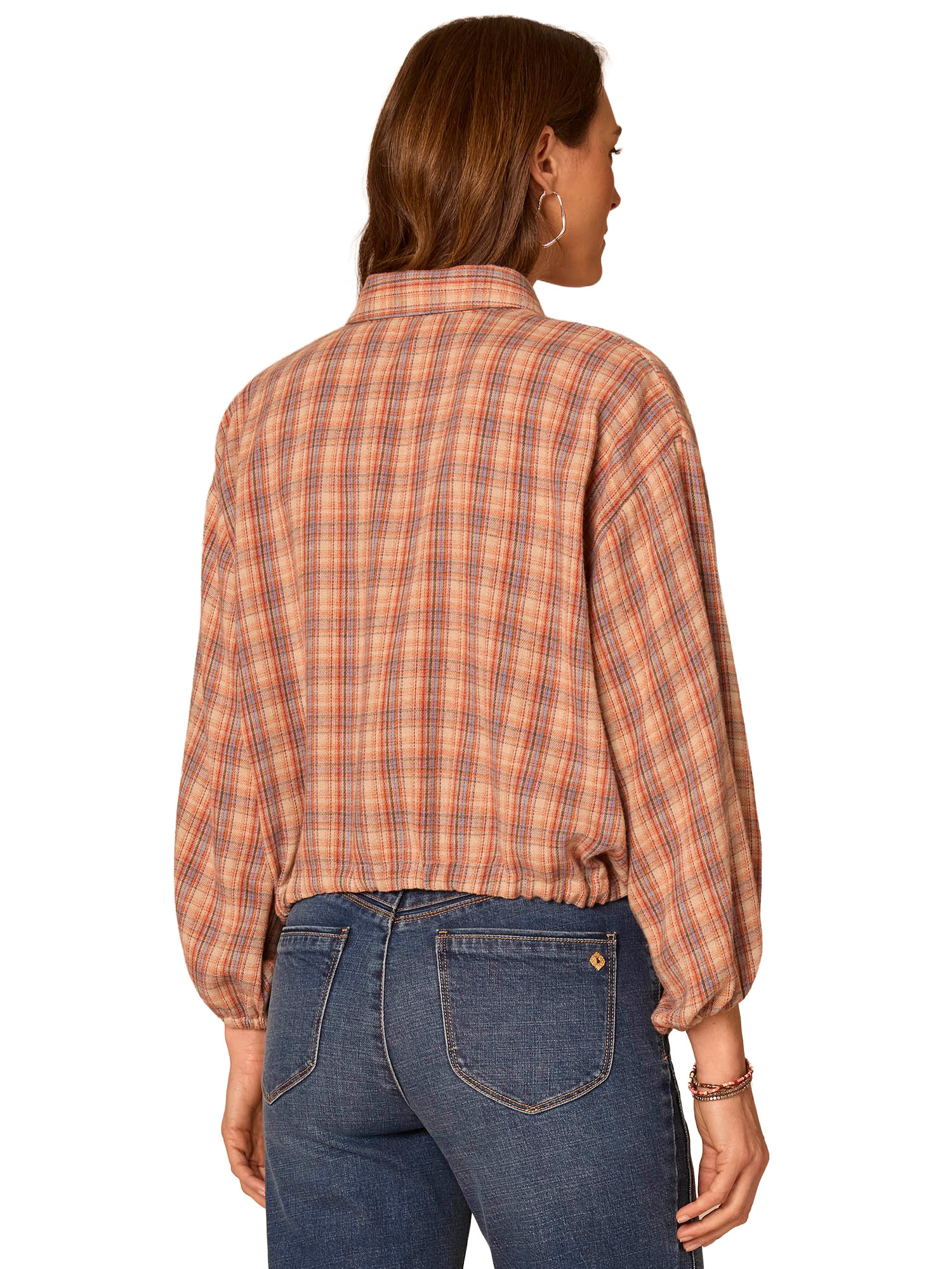 Democracy Stone/Orange Marmalade Multi Blouson Sleeve Ruffle Placket Bubble Hem Jacket