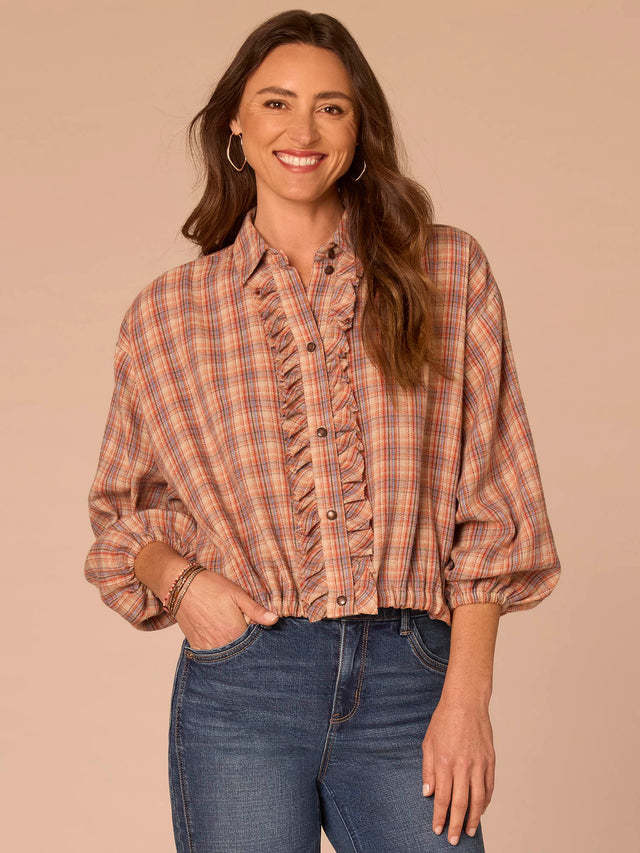 Democracy Stone/Orange Marmalade Multi Blouson Sleeve Ruffle Placket Bubble Hem Jacket