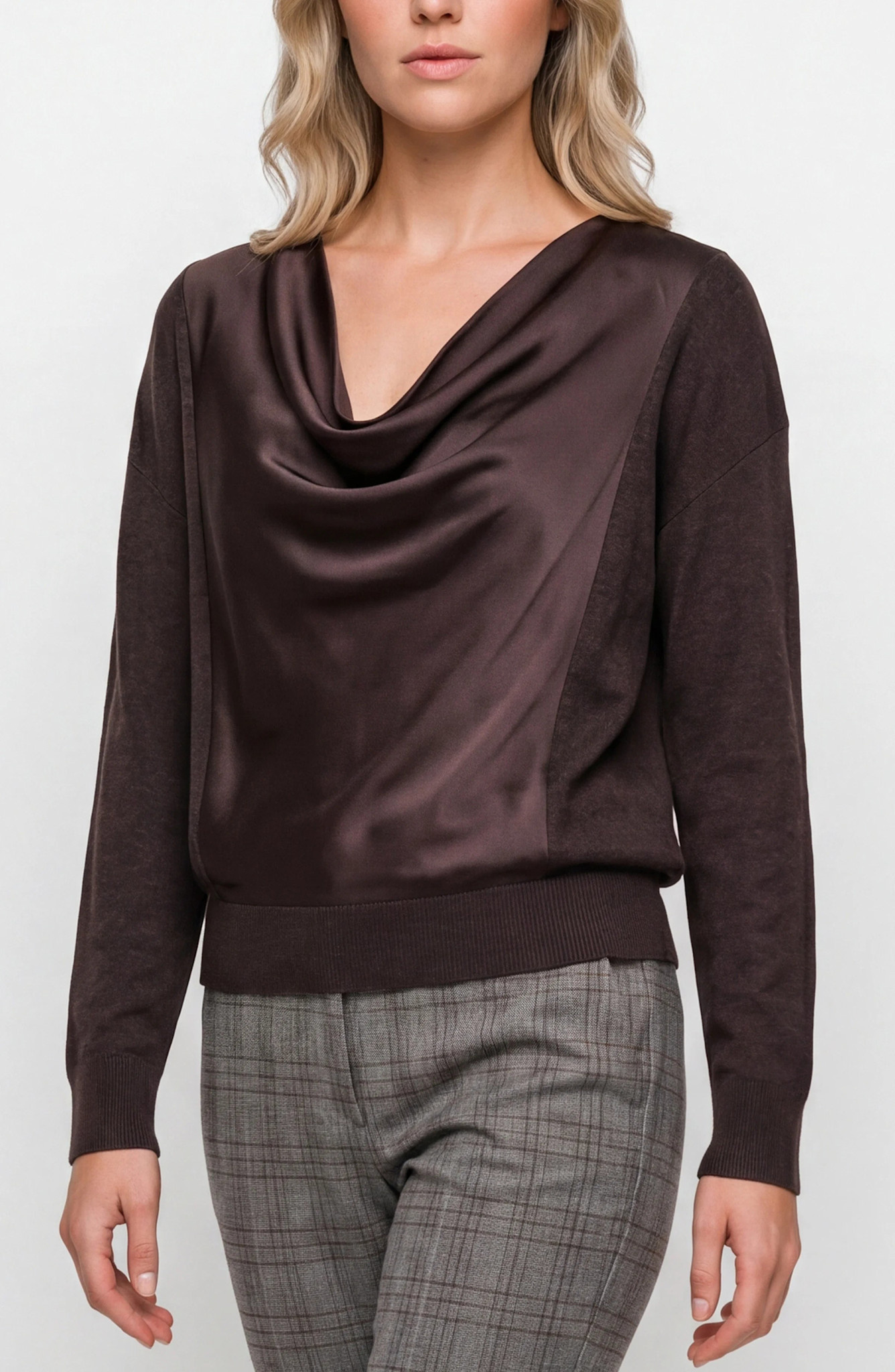 Liverpool Los Angeles long sleevedrape neck woven sweater hybrid