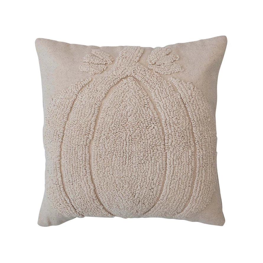 FLEURISH 18" Square Cotton Slub Tufted Pillow w/ Pumpkin & Chambray Back, Cream Color
