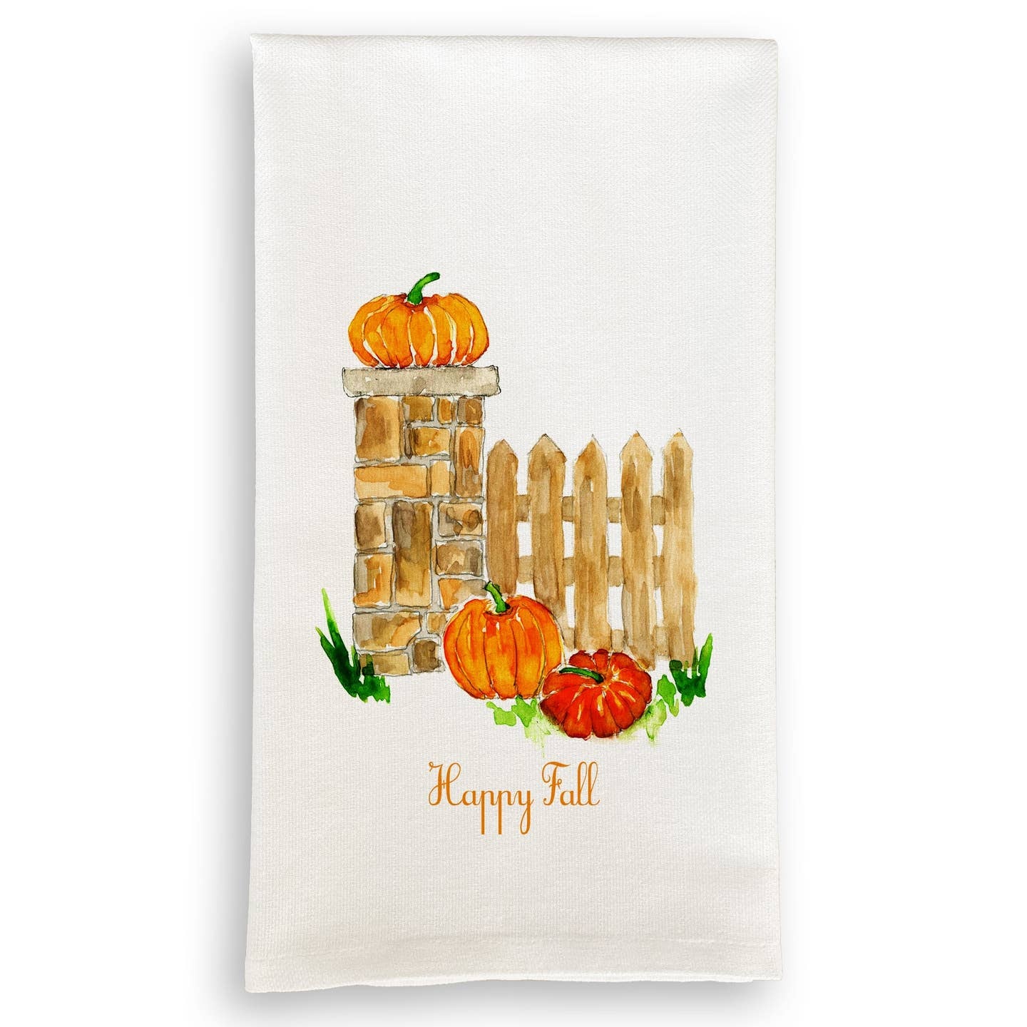 French Graffiti Happy Fall Fence with Pumpkins Tea Towel
