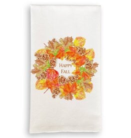 French Graffiti Fall Leaf Wreath with Happy Fall Tea Towel