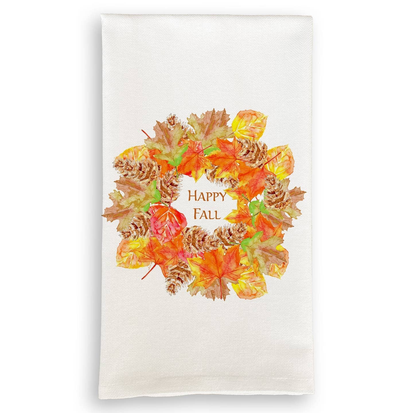 French Graffiti Fall Leaf Wreath with Happy Fall Tea Towel