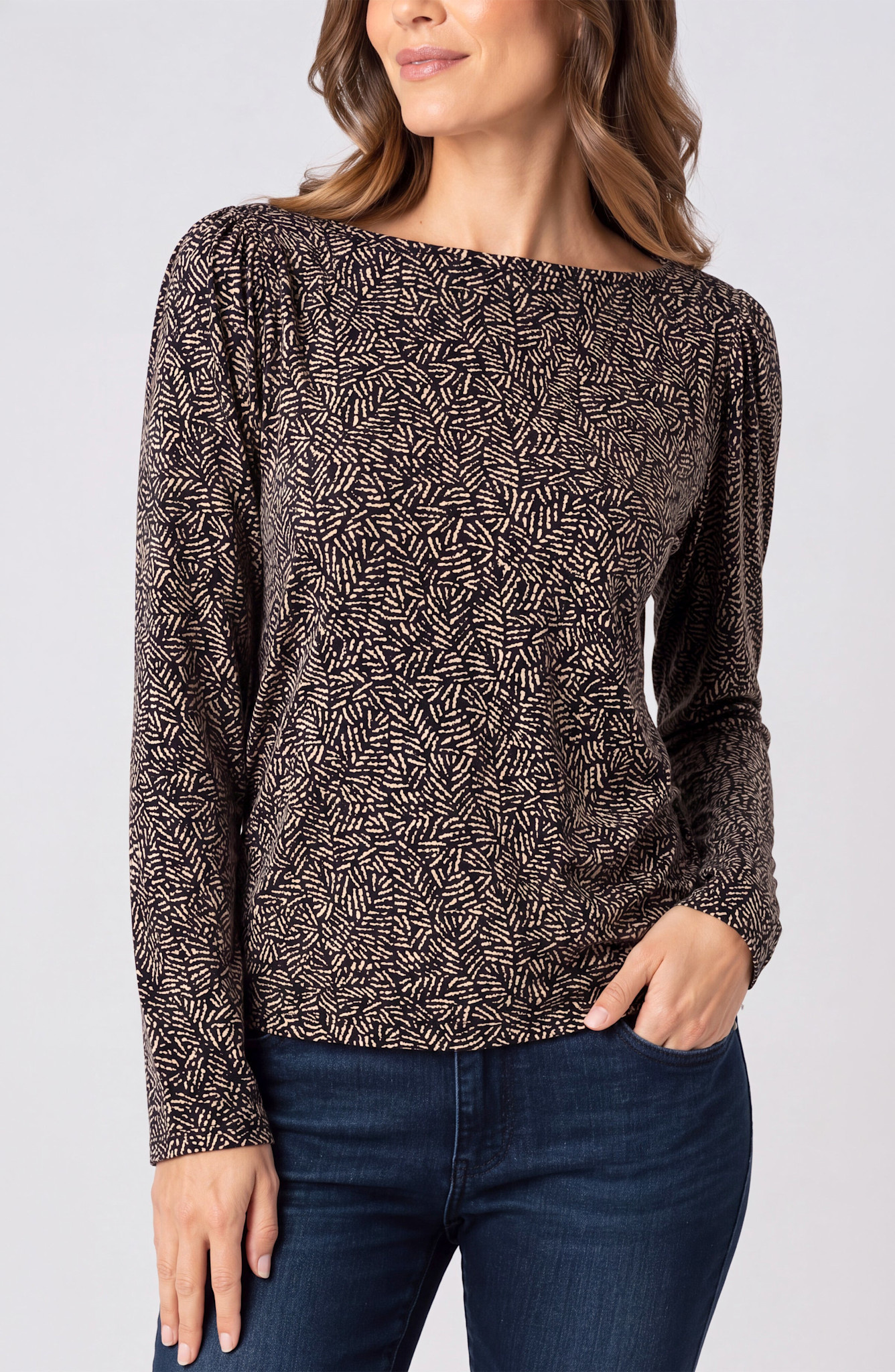 Liverpool Los Angeles long sleeve jewel neck knit top w/ shirring