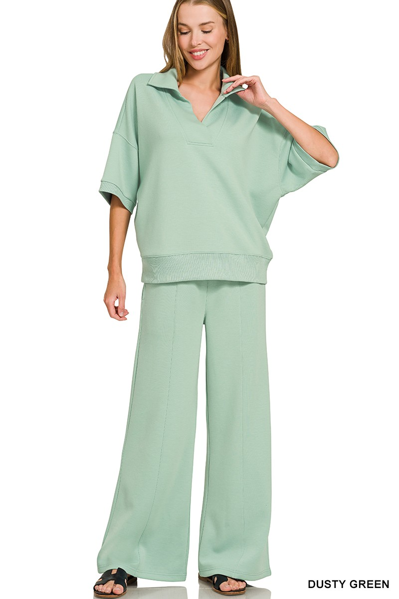 Dusty Green Scuba Collared Short Sleeve Pullover & Center Seam Pants Set