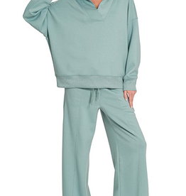 Blue Grey Scuba Collared Pullover & Center Seam Pants Set