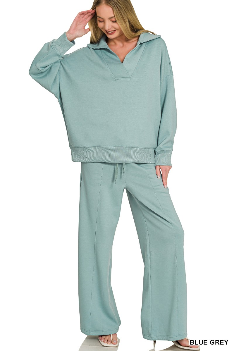 Blue Grey Scuba Collared Pullover & Center Seam Pants Set