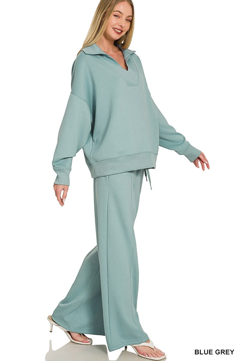 Blue Grey Scuba Collared Pullover & Center Seam Pants Set