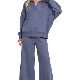 Blue Indigo Scuba Collared Pullover & Center Seam Pants Set