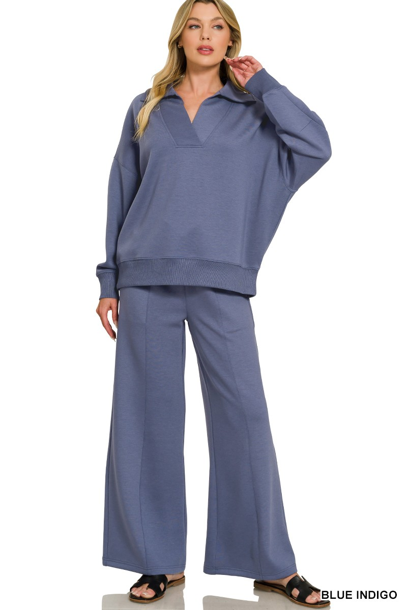 Blue Indigo Scuba Collared Pullover & Center Seam Pants Set