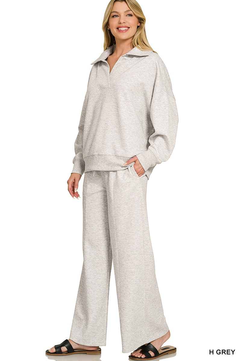 Heather Grey Scuba Collared Pullover & Center Seam Pants Set