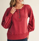 Jodifl Burgundy Long Puff Sleeves Solid Henley Sweatshirt