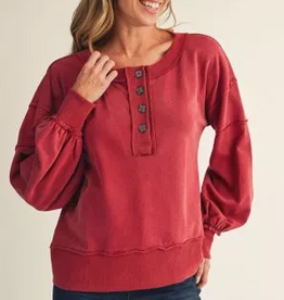Jodifl Burgundy Long Puff Sleeves Solid Henley Sweatshirt