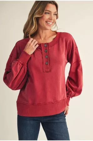 Jodifl Burgundy Long Puff Sleeves Solid Henley Sweatshirt