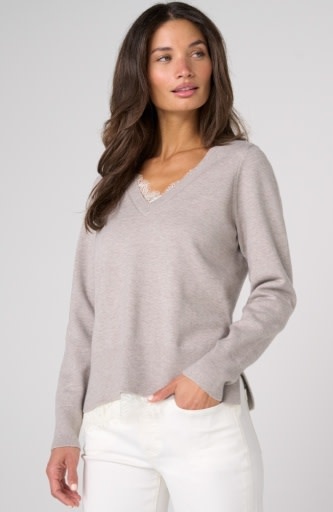 Liverpool Los Angeles vneck long sleeve sweater w lace