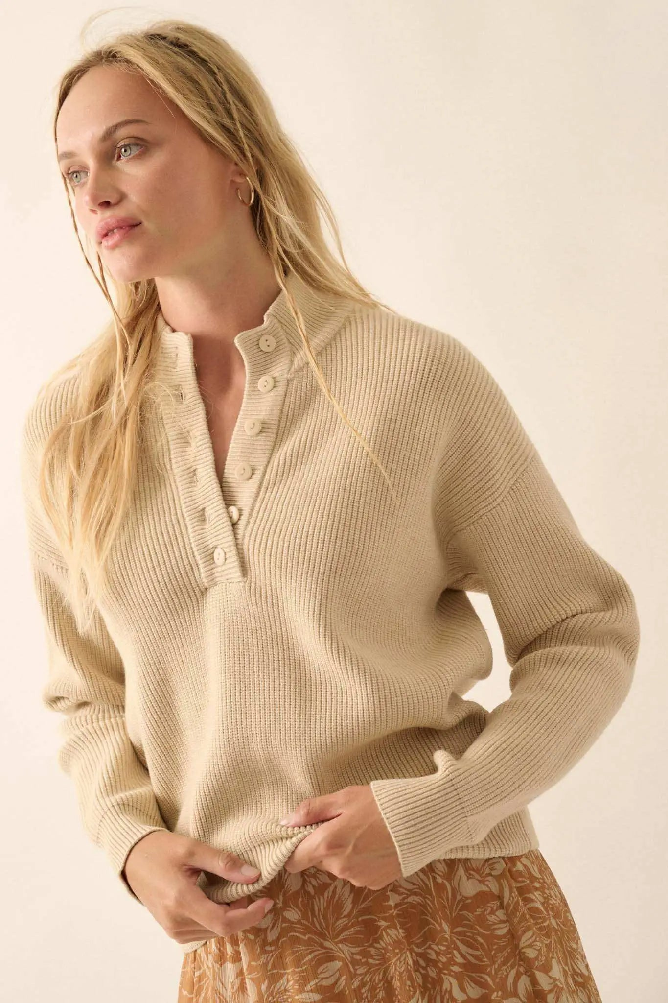 Oatmeal Solid Rib Knit Low Cut Collar Button Up Sweater