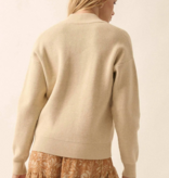 Oatmeal Solid Rib Knit Low Cut Collar Button Up Sweater