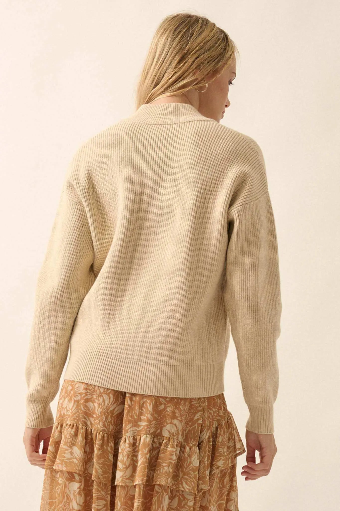 Oatmeal Solid Rib Knit Low Cut Collar Button Up Sweater