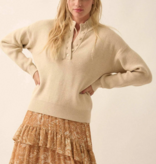 Oatmeal Solid Rib Knit Low Cut Collar Button Up Sweater