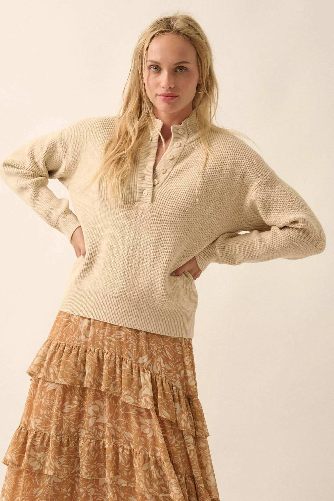 Oatmeal Solid Rib Knit Low Cut Collar Button Up Sweater