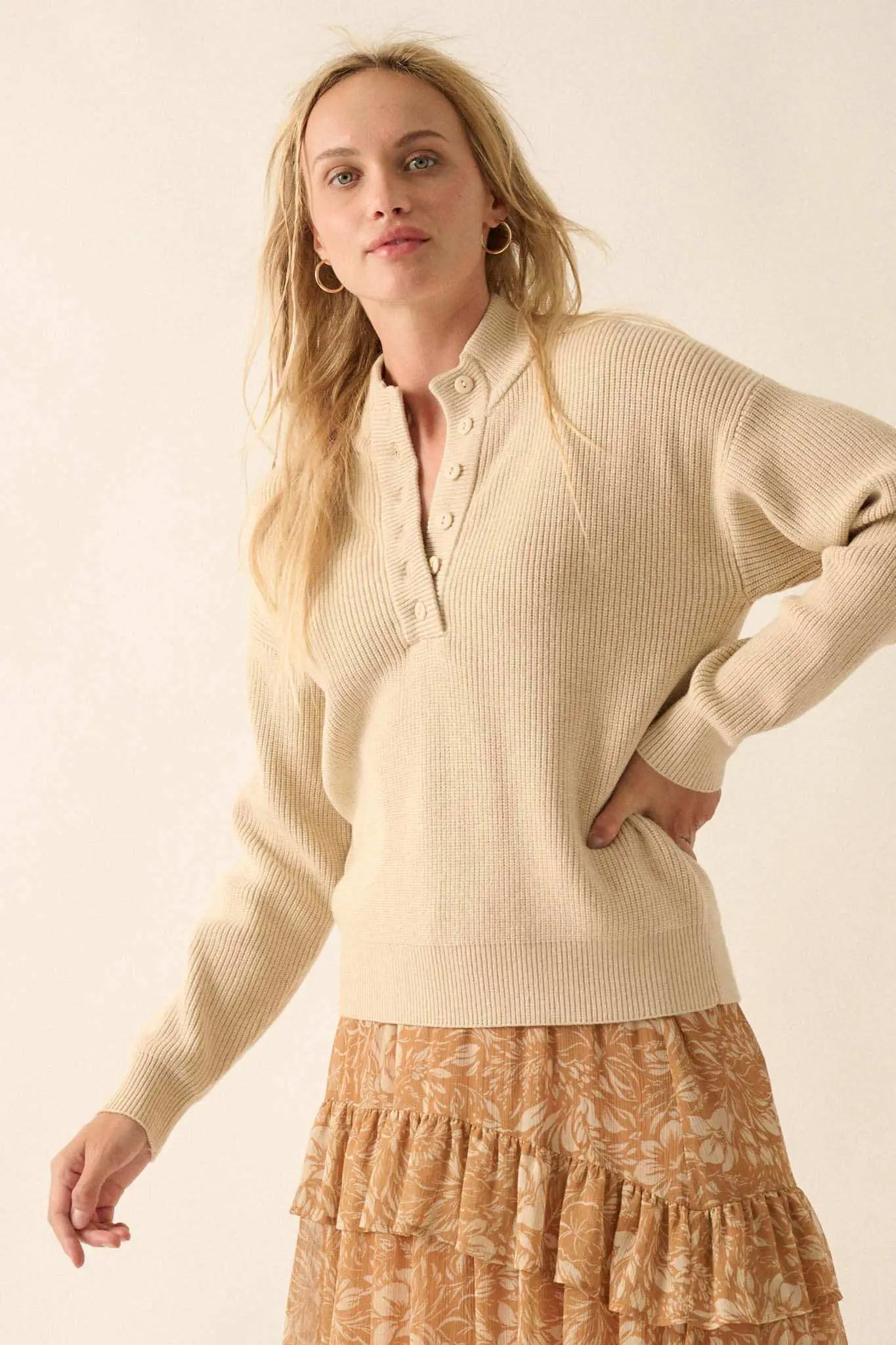 Oatmeal Solid Rib Knit Low Cut Collar Button Up Sweater