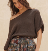 Warm Charcoal Short-Sleeve Pointelle Ribbed Knit Sweater