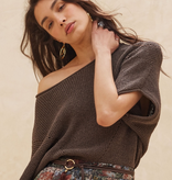 Warm Charcoal Short-Sleeve Pointelle Ribbed Knit Sweater