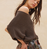 Warm Charcoal Short-Sleeve Pointelle Ribbed Knit Sweater