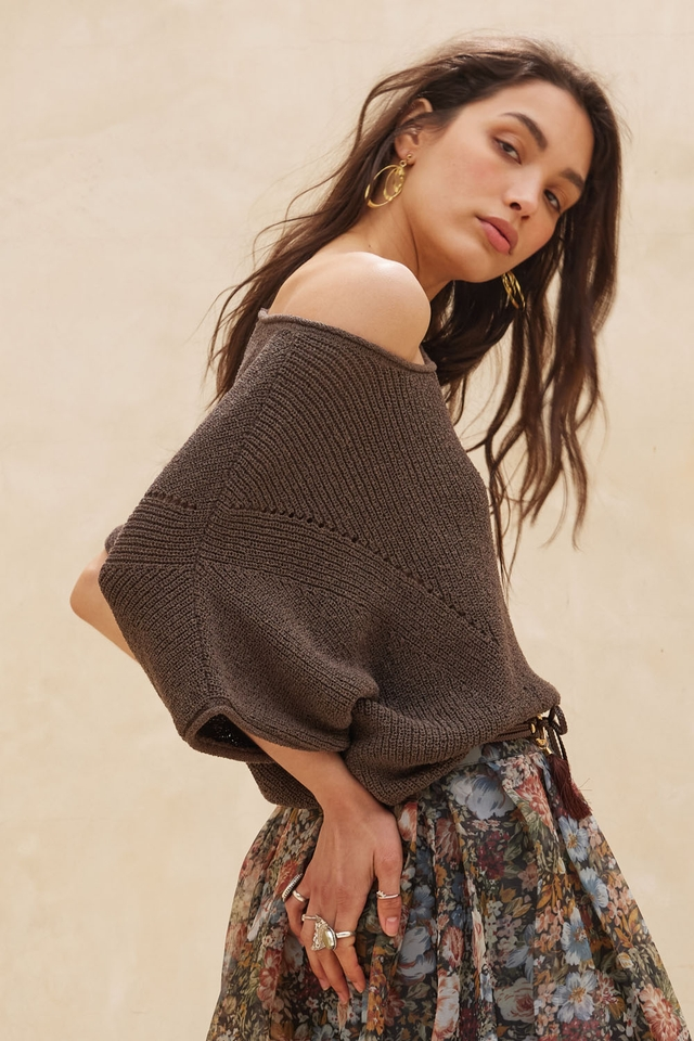 Warm Charcoal Short-Sleeve Pointelle Ribbed Knit Sweater