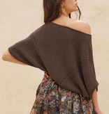 Warm Charcoal Short-Sleeve Pointelle Ribbed Knit Sweater