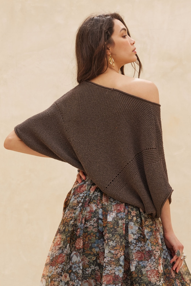 Warm Charcoal Short-Sleeve Pointelle Ribbed Knit Sweater