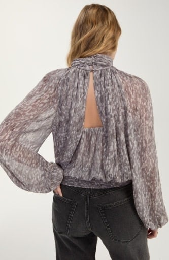 Liverpool Los Angeles long sleeve shirred mockneck woven top