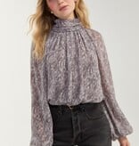 Liverpool Los Angeles long sleeve shirred mockneck woven top